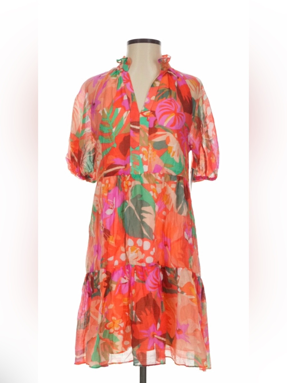NWT 1. State Orange Floral Puff-Sleeve Dress with Pink & Green Accents Size M
